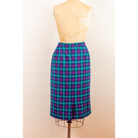 Vintage 80s Tartan Plaid Pendleton Pencil Wiggle Skirt, Purple Teal Black, Sz 16 - Picture 6 of 10